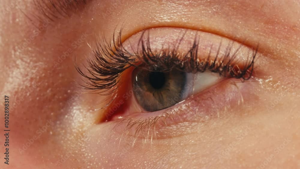 Close-up womans blinking eye with long eyelash and contact lens. Beauty make up of green eye with neon light. Close-up womans blinking eye with long eyelash and contact lens. Beauty make up of green eye with neon light.