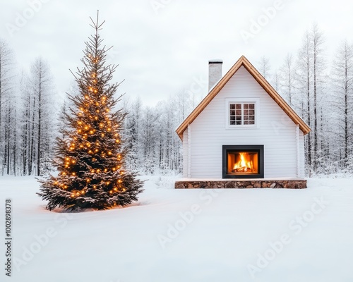 A cozy winter scene featuring a house with a fireplace and a decorated Christmas tree.