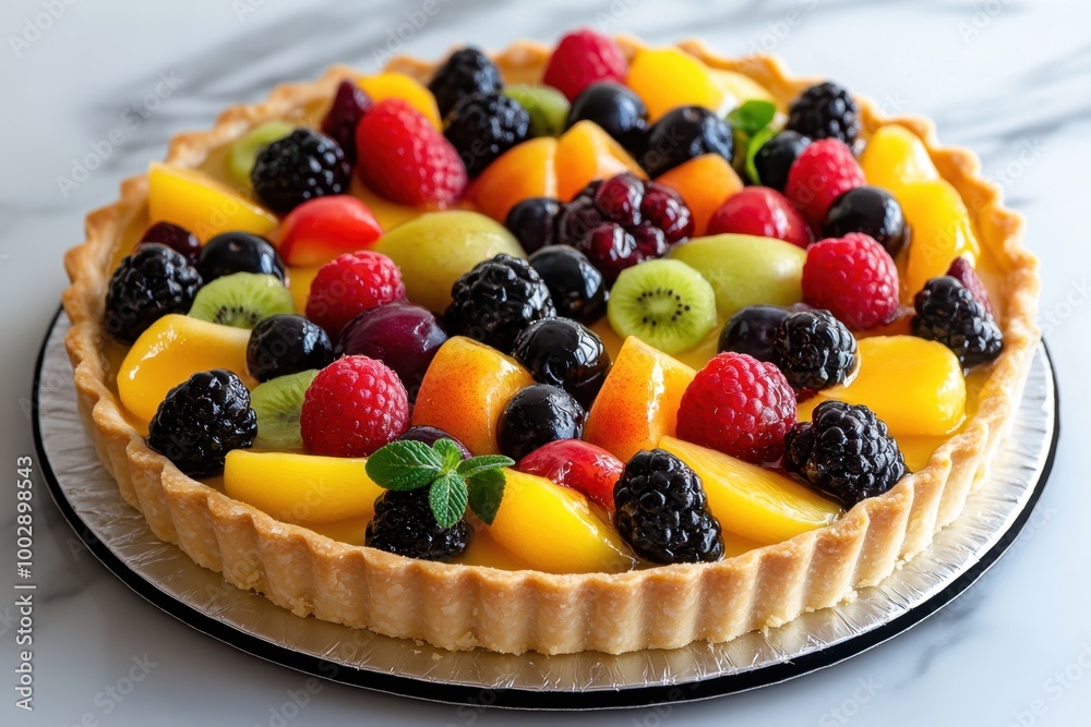 A colorful fruit tart with fresh berries, kiwi, and peaches on a marble countertop. A colorful fruit tart with fresh berries, kiwi, and peaches on a marble countertop.