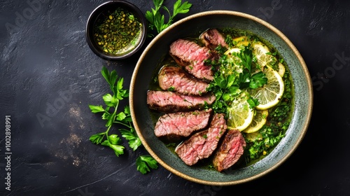 Jugosos trozos de carne asada servidos con rodajas de limón y bañados en una salsa verde fresca. Un plato principal delicioso y refrescante.