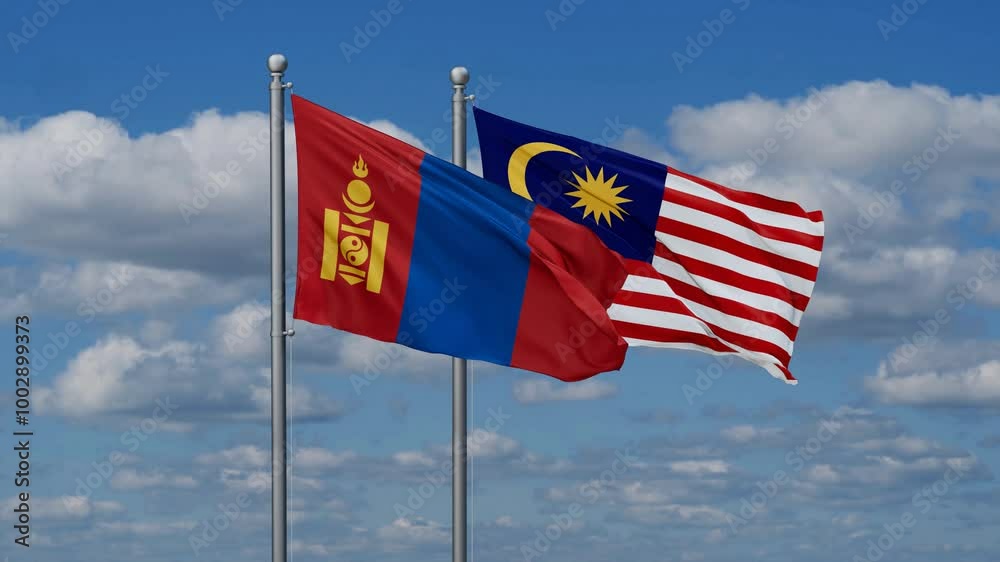Malaysia and Mongolia flags flying together, video concept of the relationship, two country cooperation concept