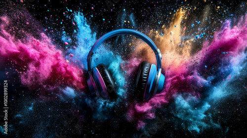 Wallpaper Mural Vibrant music art: colorful powder explosion with headphones on a black background Torontodigital.ca