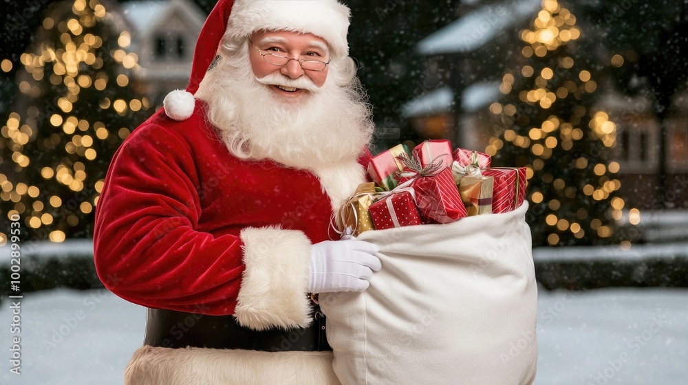 Santa Claus joyfully carries a bag of colorful presents under the northern lights in a snow-covered village at night Santa Claus joyfully carries a bag of colorful presents under the northern lights in a snow-covered village at night