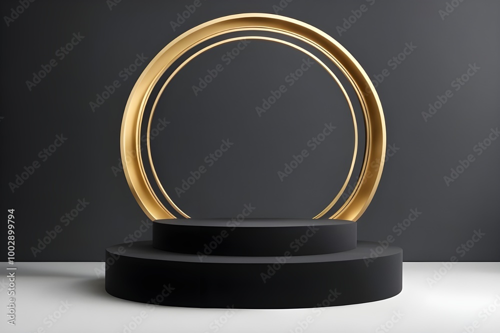 Abstract realistic 3D black and gold cylinder pedestal podium with golden glitter in circle window. Luxury black mimimal scene for product display presentation. Vector geometric rendering platform.
Abstract realistic 3D black and gold cylinder pedestal podium with golden glitter in circle window. Luxury black mimimal scene for product display presentation. Vector geometric rendering platform.
