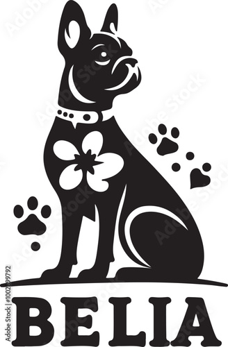 A black Silhouette Bella dog vector design