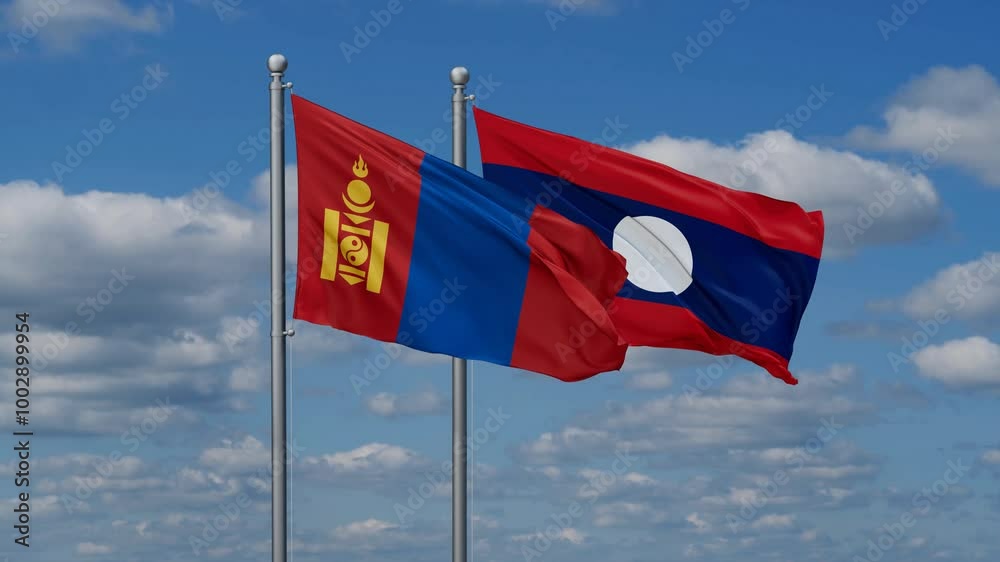 Laos and Mongolia flags flying together, video concept of the relationship, two country relations concept Laos and Mongolia flags flying together, video concept of the relationship, two country relations concept