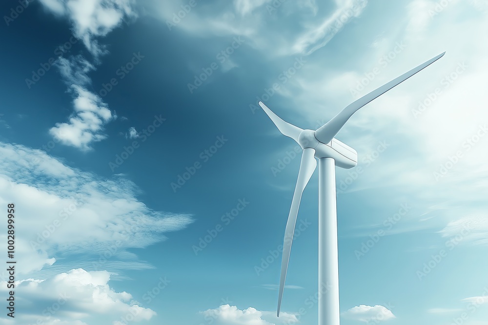 Looking up at a towering wind turbine against a blue sky, capturing the scale and importance of renewable energy in a sustainable future., Generative AI Looking up at a towering wind turbine against a blue sky, capturing the scale and importance of renewable energy in a sustainable future., Generative AI