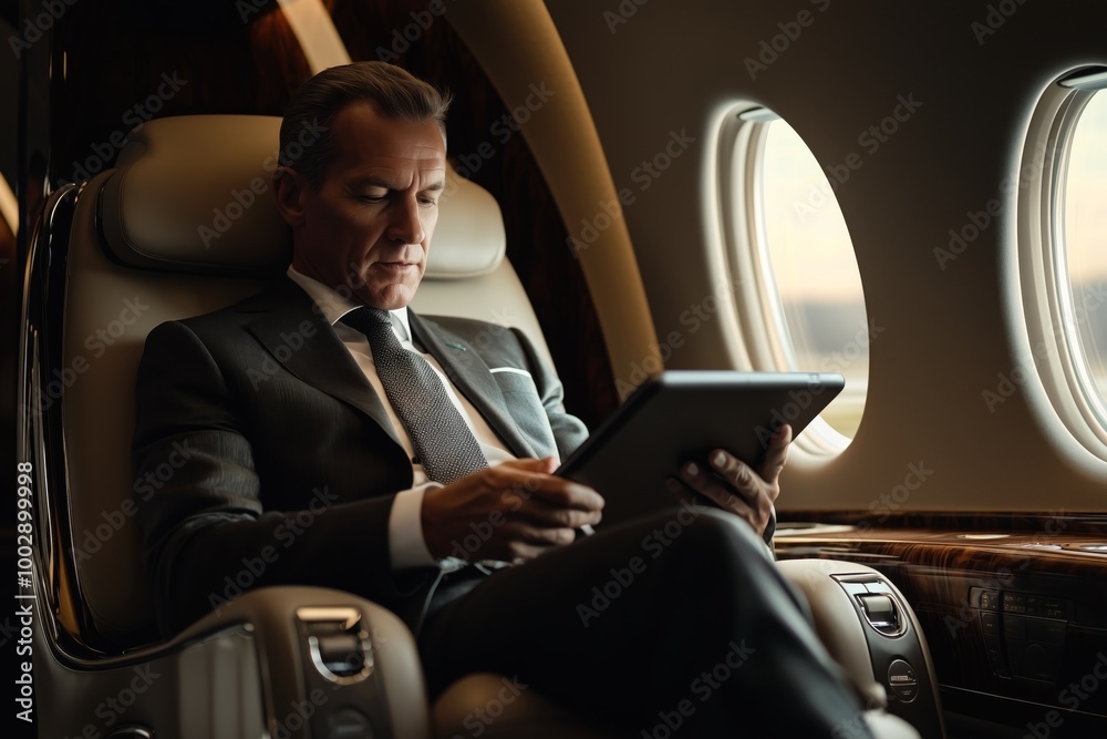 a businessman in a sleek business jet chair, intently reviewing his notes on a tablet, surrounded by luxurious leather and polished wood finishes, with a blurred view of the runway outside a businessman in a sleek business jet chair, intently reviewing his notes on a tablet, surrounded by luxurious leather and polished wood finishes, with a blurred view of the runway outside