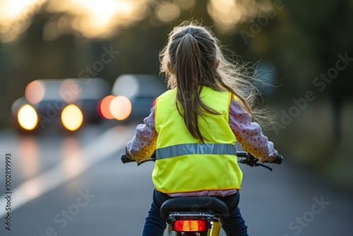 Rear view of little girl in reflective vest riding bike on road with cars behind her, road safety education concept, Generative AI