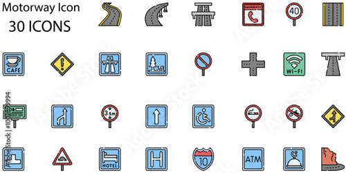 Set of Motorway icons. Line art style icons bundle. vector illustration