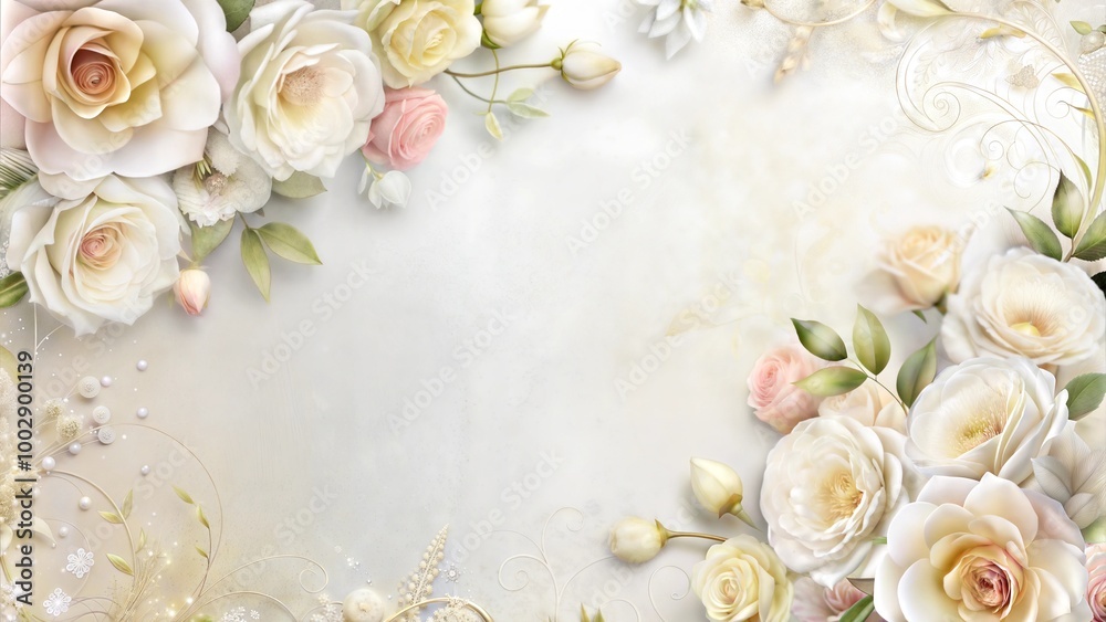 Elegant floral border with white and pink roses on soft background in a romantic design
