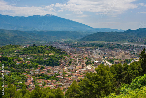 A view of Berat in Albania taken from Berat Castle. Mangalem quarter in foreground, part of the historic UNESCO listed area. Lagja 30 Vjetori district in the background, this is the more post-war