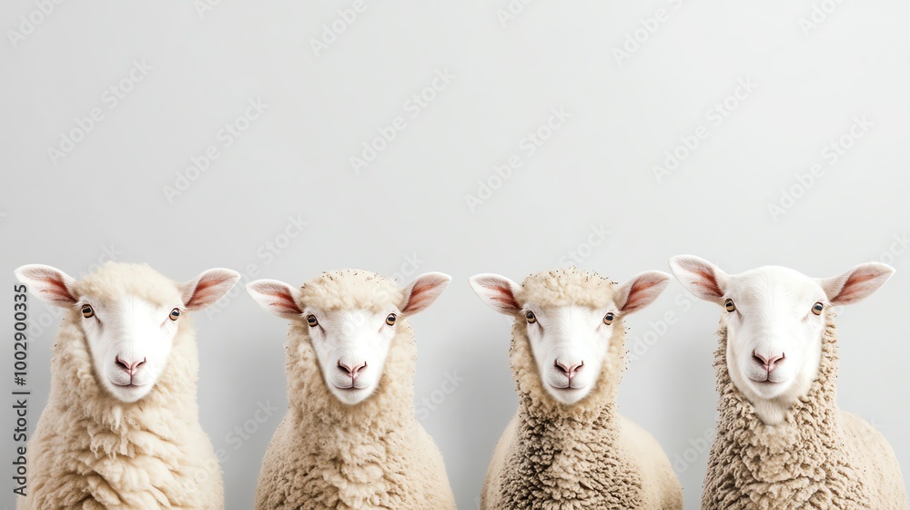 Obraz premium Four sheep standing in a row against a white background.