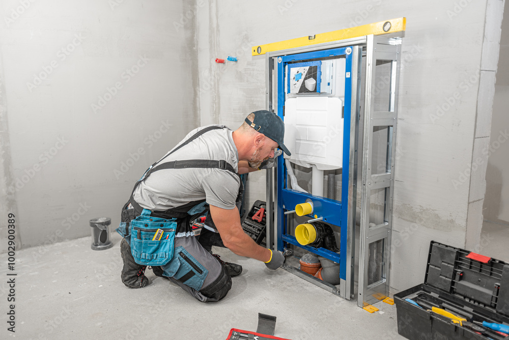 In-wall toilet system assembly. Plumber does anchoring the supporting structure to the floor. In-wall toilet system assembly. Plumber does anchoring the supporting structure to the floor.