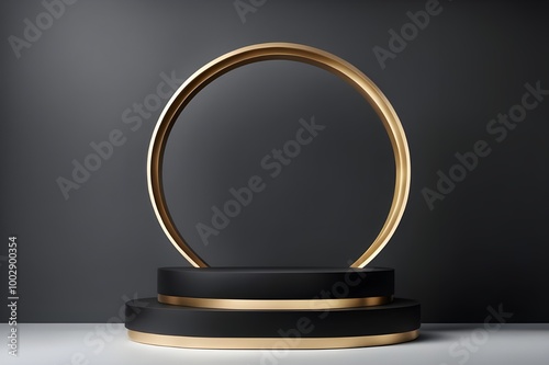 Abstract realistic 3D black and gold cylinder pedestal podium with golden glitter in circle window. Luxury black mimimal scene for product display presentation. Vector geometric rendering platform. 