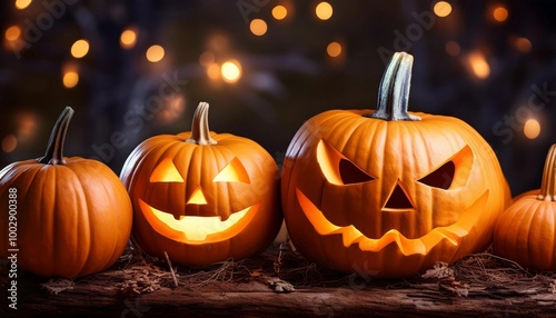 Two carved pumpkins sit on a wooden surface, illuminated with soft glowing lights. The background is enhanced with bokeh lights, creating a warm and eerie Halloween atmosphere.