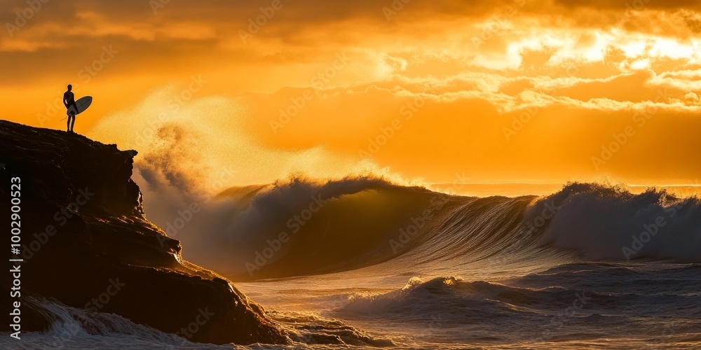 A surfer gazing at crashing waves at sunset. The vibrant orange hues create a stunning backdrop. This image captures the thrill of surfing and the beauty of nature. AI A surfer gazing at crashing waves at sunset. The vibrant orange hues create a stunning backdrop. This image captures the thrill of surfing and the beauty of nature. AI