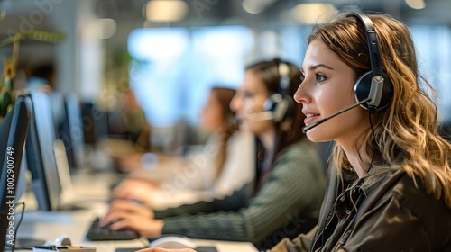 woman in a headset working at a computer in an office. She exemplifies dedication in customer service.