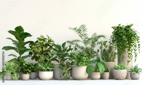 potted plants in various sizes and shapes, all with white planters and green leaves, on an isolated background