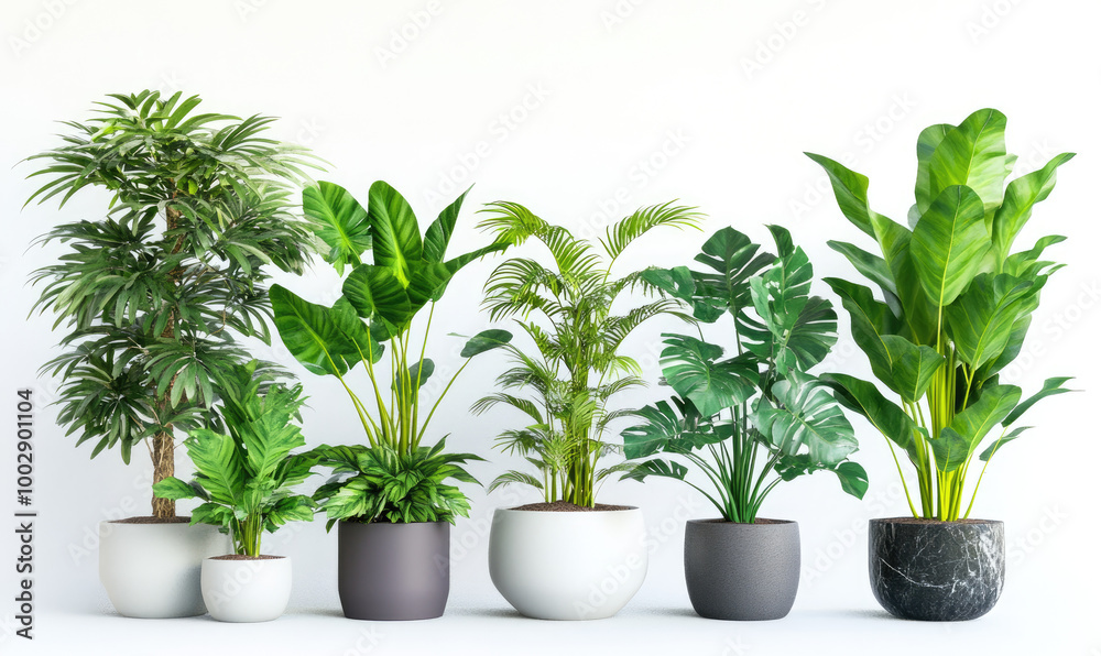 potted plants in various sizes and shapes, all with white planters and green leaves, on an isolated background potted plants in various sizes and shapes, all with white planters and green leaves, on an isolated background