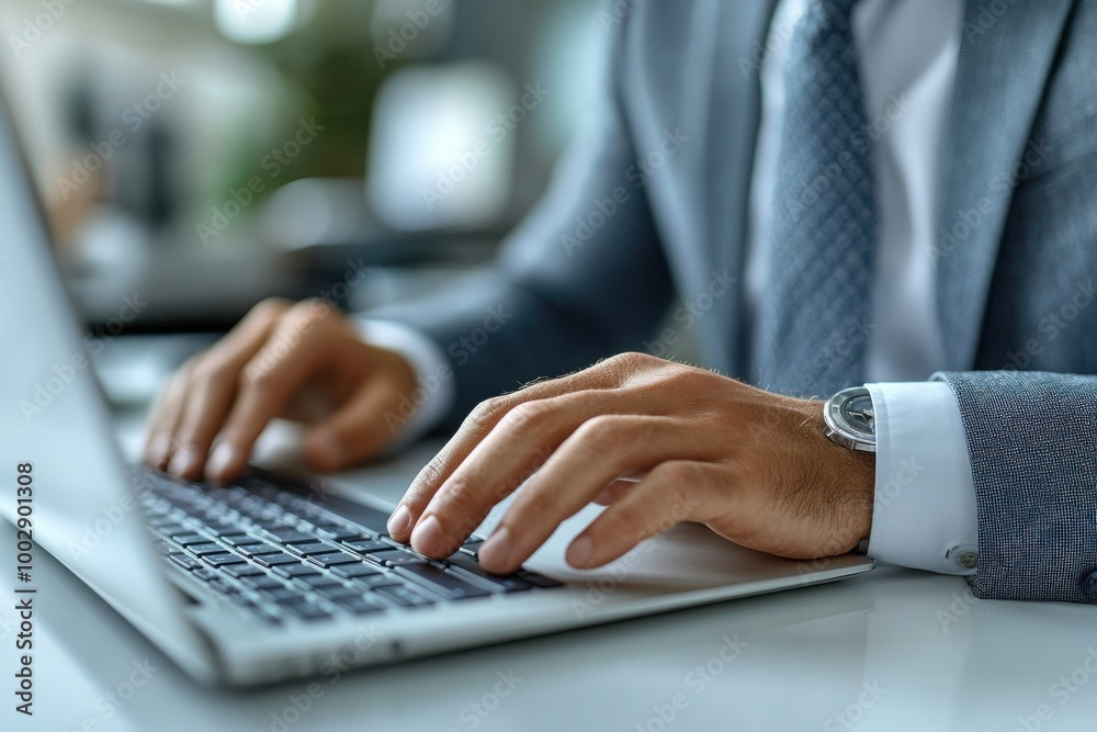 Businessman typing on a laptop keyboard at a white office desk, close-up of hands with a tie and suit, working in a modern technology lifestyle concept. Businessman typing on a laptop keyboard at a white office desk, close-up of hands with a tie and suit, working in a modern technology lifestyle concept.