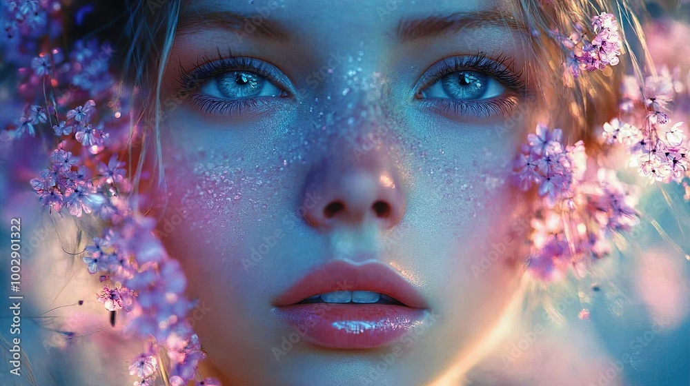 Close-Up Portrait of a Woman with Blue Eyes and Pink Flowers Close-Up Portrait of a Woman with Blue Eyes and Pink Flowers