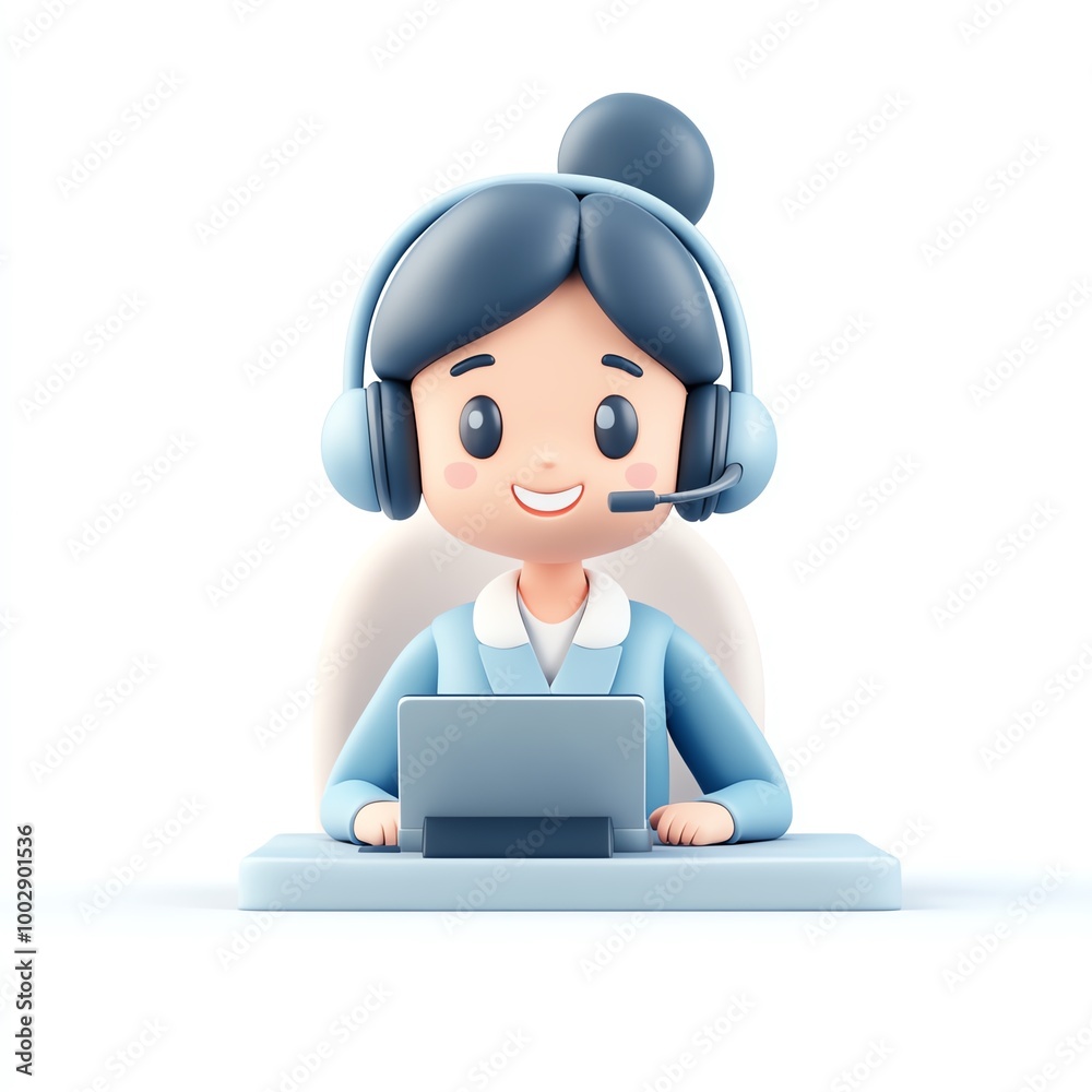 Smiling cartoon woman with headset working on laptop, white isolate background