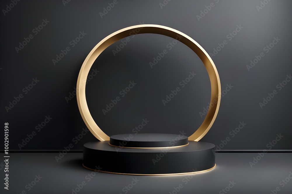 Abstract realistic 3D black and gold cylinder pedestal podium with golden glitter in circle window. Luxury black mimimal scene for product display presentation. Vector geometric rendering platform.
Abstract realistic 3D black and gold cylinder pedestal podium with golden glitter in circle window. Luxury black mimimal scene for product display presentation. Vector geometric rendering platform.