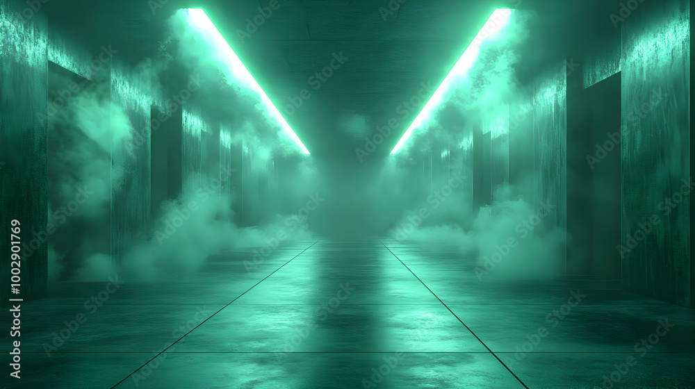 3D Futuristic Green Hallway with Fog and Neon Lights 3D Futuristic Green Hallway with Fog and Neon Lights
