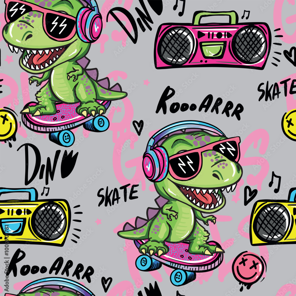 Fototapeta premium Girlish cool seamless pattern with dinosaur in sunglasses on a skateboard. graffiti background with t rex.For textile, kids wear, fabric and more