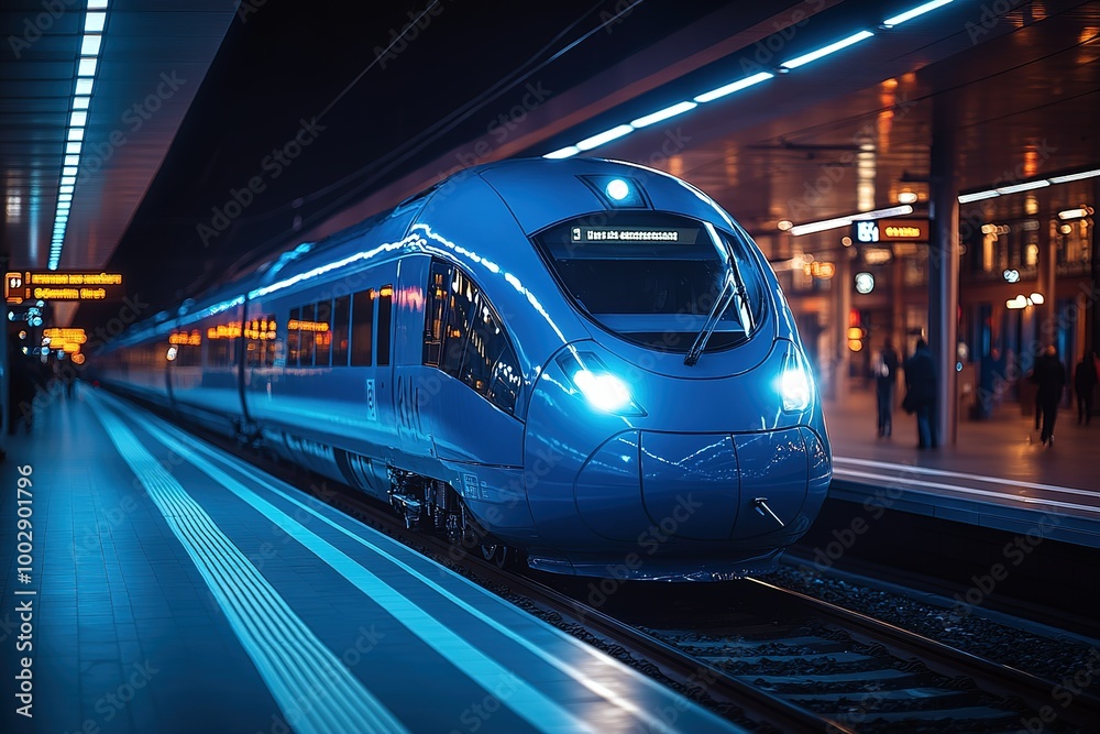 Naklejka premium A blue train is on the tracks at a train station