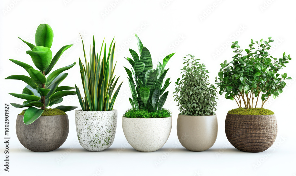 Fototapeta premium potted plants, green leaves, white background, various types of houseplants in the foreground