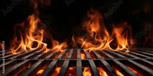 Hot empty portable barbecue BBQ grill with flaming fire and ember charcoal on black background photo