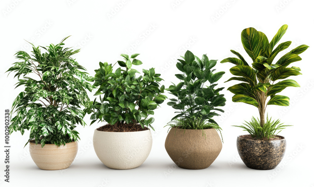 Fototapeta premium potted plants, green leaves, white background, various types of houseplants in the foreground