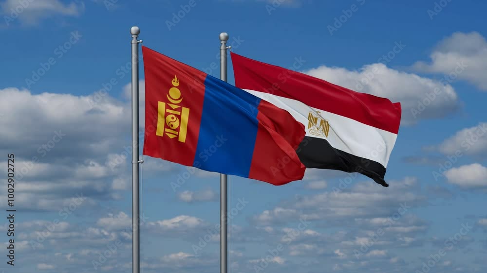 Egypt and Mongolia flags flying together, video concept of the relationship, two country relations concept Egypt and Mongolia flags flying together, video concept of the relationship, two country relations concept