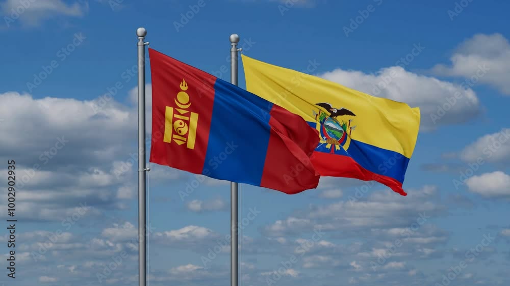 Ecuador and Mongolia flags flying together, video concept of the relationship, two country relations concept Ecuador and Mongolia flags flying together, video concept of the relationship, two country relations concept