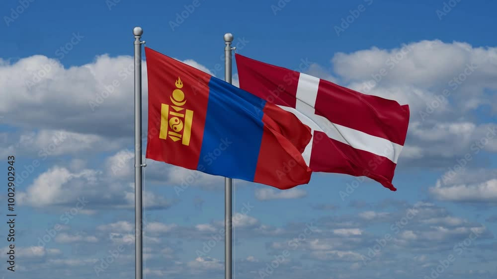 Denmark and Mongolia flags flying together, video concept of the relationship, two country relations concept Denmark and Mongolia flags flying together, video concept of the relationship, two country relations concept