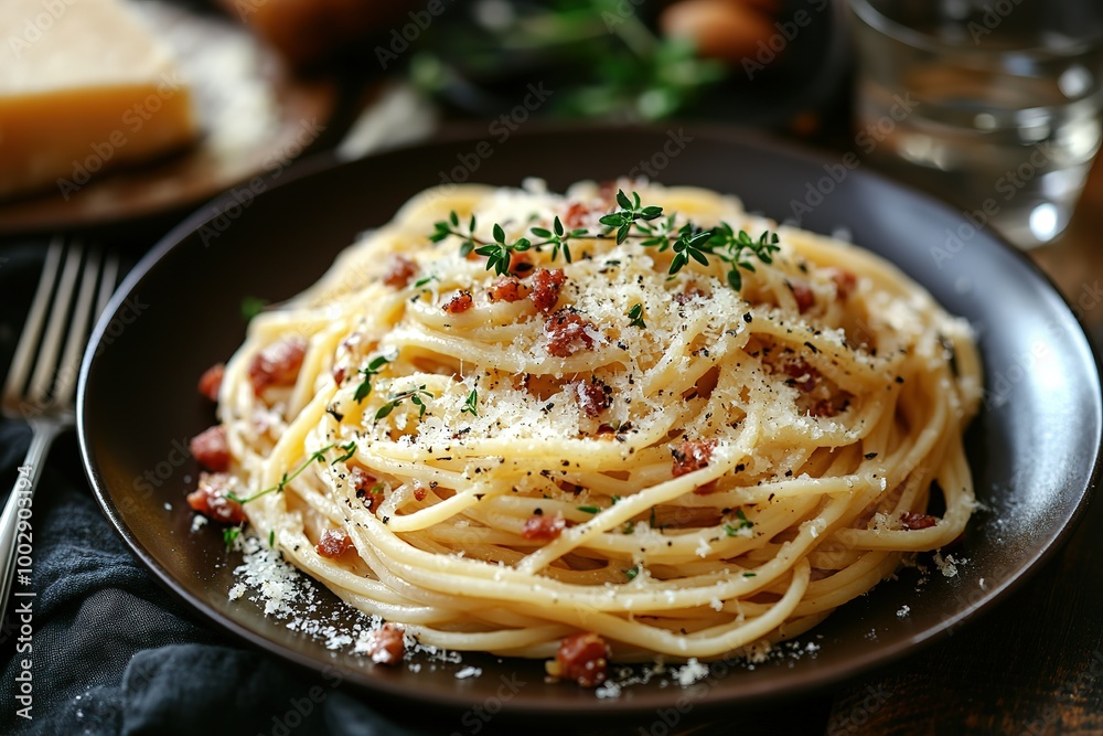A plate of pasta with meat and cheese on top A plate of pasta with meat and cheese on top