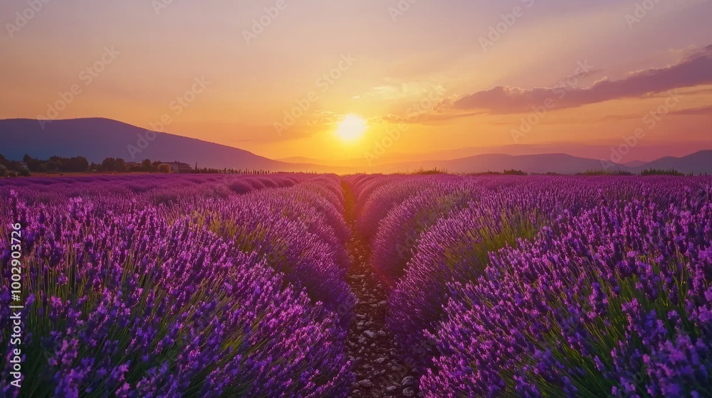 Fototapeta premium Breathtaking Lavender Field Sunset in Peaceful Rural Landscape