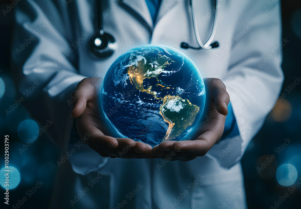 Doctor Holding Digital Globe Symbolizing Global Healthcare and Medical Innovation Doctor Holding Digital Globe Symbolizing Global Healthcare and Medical Innovation