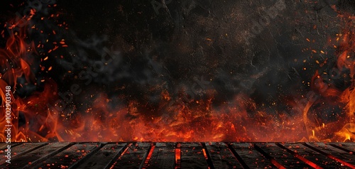 Hot empty portable barbecue BBQ grill with flaming fire and ember charcoal on black background