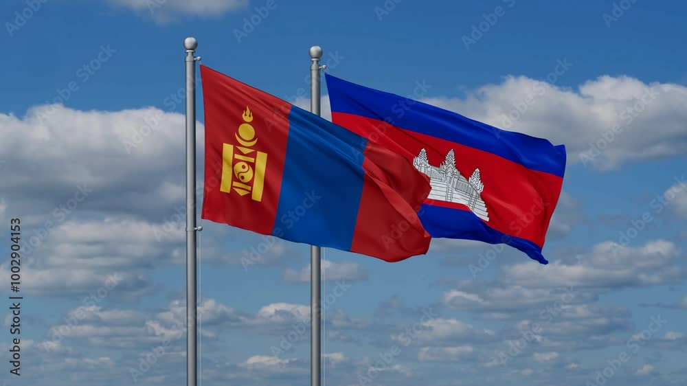 Cambodia and Mongolia flags flying together, video concept of the relationship, two country relations concept Cambodia and Mongolia flags flying together, video concept of the relationship, two country relations concept