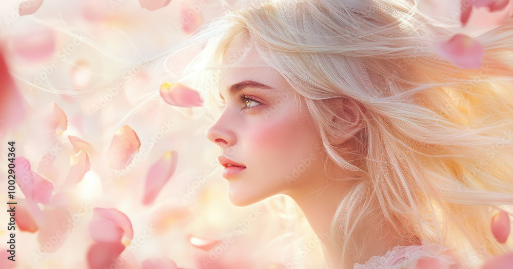 A blonde woman in delicate pink and yellow pastel colors, with a background of soft rose petals and a gentle breeze flowing through her hair, creating an ethereal atmosphere A blonde woman in delicate pink and yellow pastel colors, with a background of soft rose petals and a gentle breeze flowing through her hair, creating an ethereal atmosphere