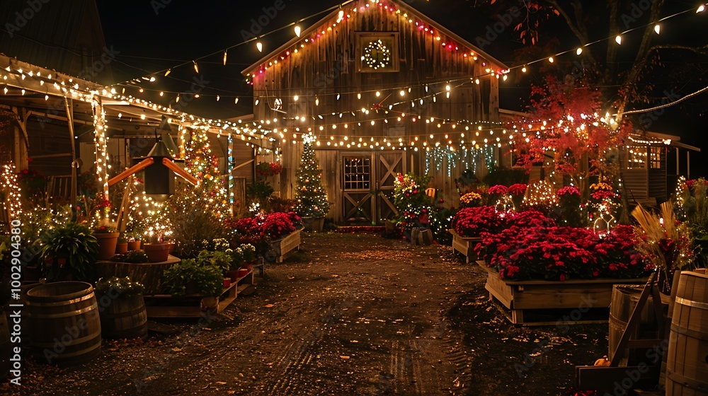 Naklejka premium A vintage farm filled with flowers and holiday lights