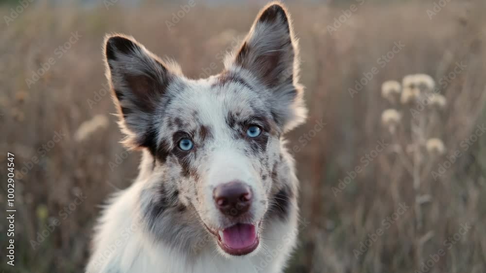 Cute spotted white and brown blue eyed border collie puppy is sitting in autumn field at sunset among dry grass. An adorable young dog is enjoying a walk. Close view portrait of happy puppy outside. Cute spotted white and brown blue eyed border collie puppy is sitting in autumn field at sunset among dry grass. An adorable young dog is enjoying a walk. Close view portrait of happy puppy outside.