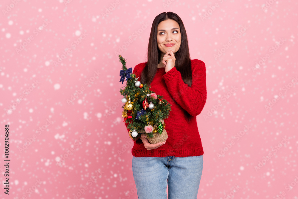 Photo of think brunette lady hold small tree look empty space wear red pullover isolated on pink color background Photo of think brunette lady hold small tree look empty space wear red pullover isolated on pink color background