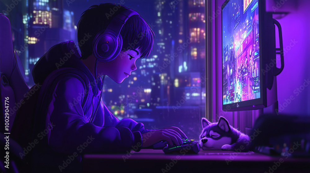 A boy in purple and black with headphones