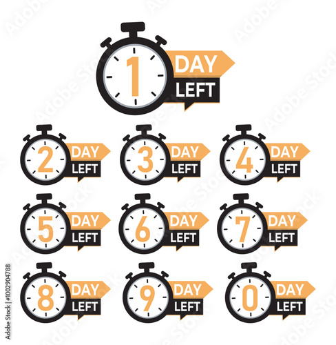 Countdown days left banner. 0, 1, 2, 3, 4, 5, 6, 7, 8, 9 days left icon in flat style. Calculation of time of sale. Sale promotion timer sign business concept.