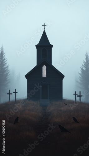 A dark, eerie church surrounded by mist and gravestones, evoking a haunting atmosphere.