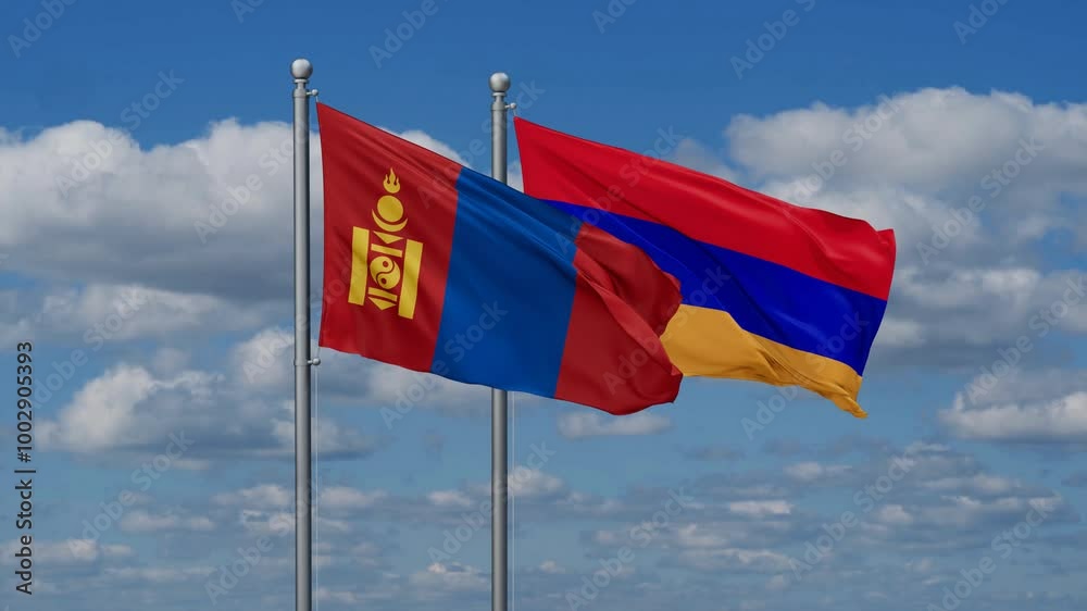 Armenia and Mongolia flags flying together, video concept of the relationship, two country cooperation concept Armenia and Mongolia flags flying together, video concept of the relationship, two country cooperation concept
